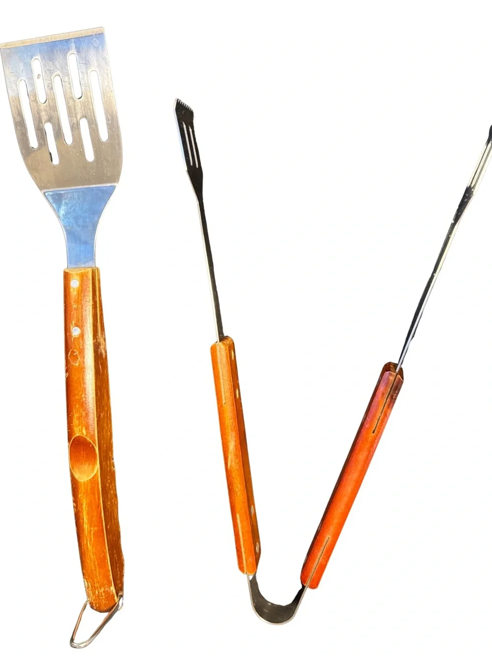 Wood-Handled Stainless Steel BBQ Spatula and Tongs Set - Brown